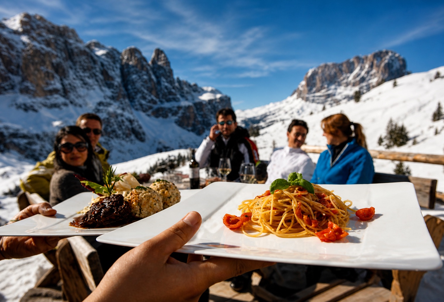 Mountain lunch on a snowy terrace